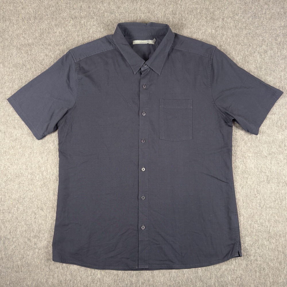Icebreaker Shirt Mens Large Blue Merino Wool Lyocell Short Sleeve Button-Up